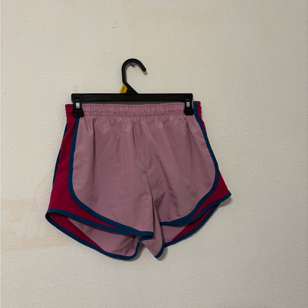 Nike Pink Athletic Shorts with Blue Trim and Magenta Panels